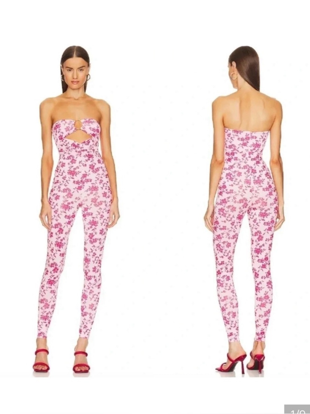 Lovers + Friends Pink & Red Strapless Floral Skinny Jumpsuit